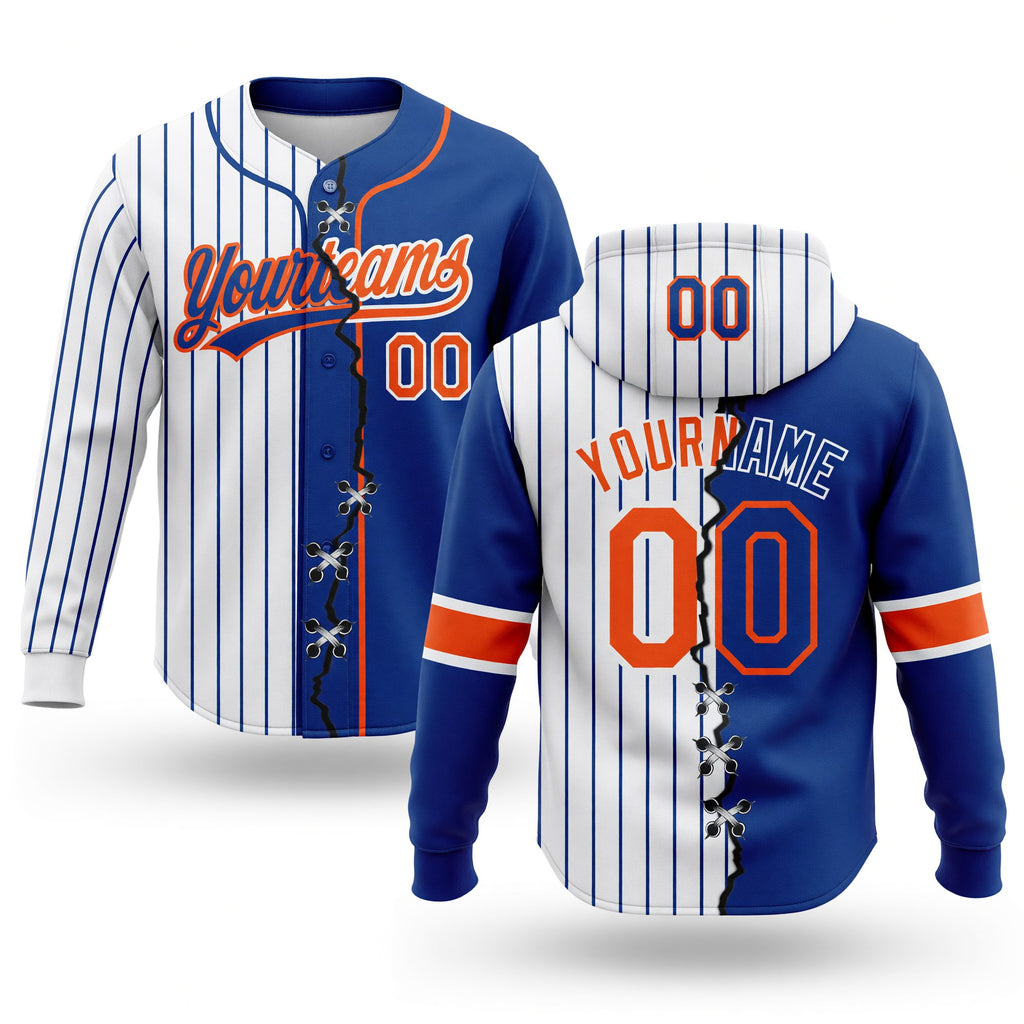 Custom Royal Orange-White Pinstripe Split Ripped Pattern Baseball Pullover Sweatshirt Hoodie