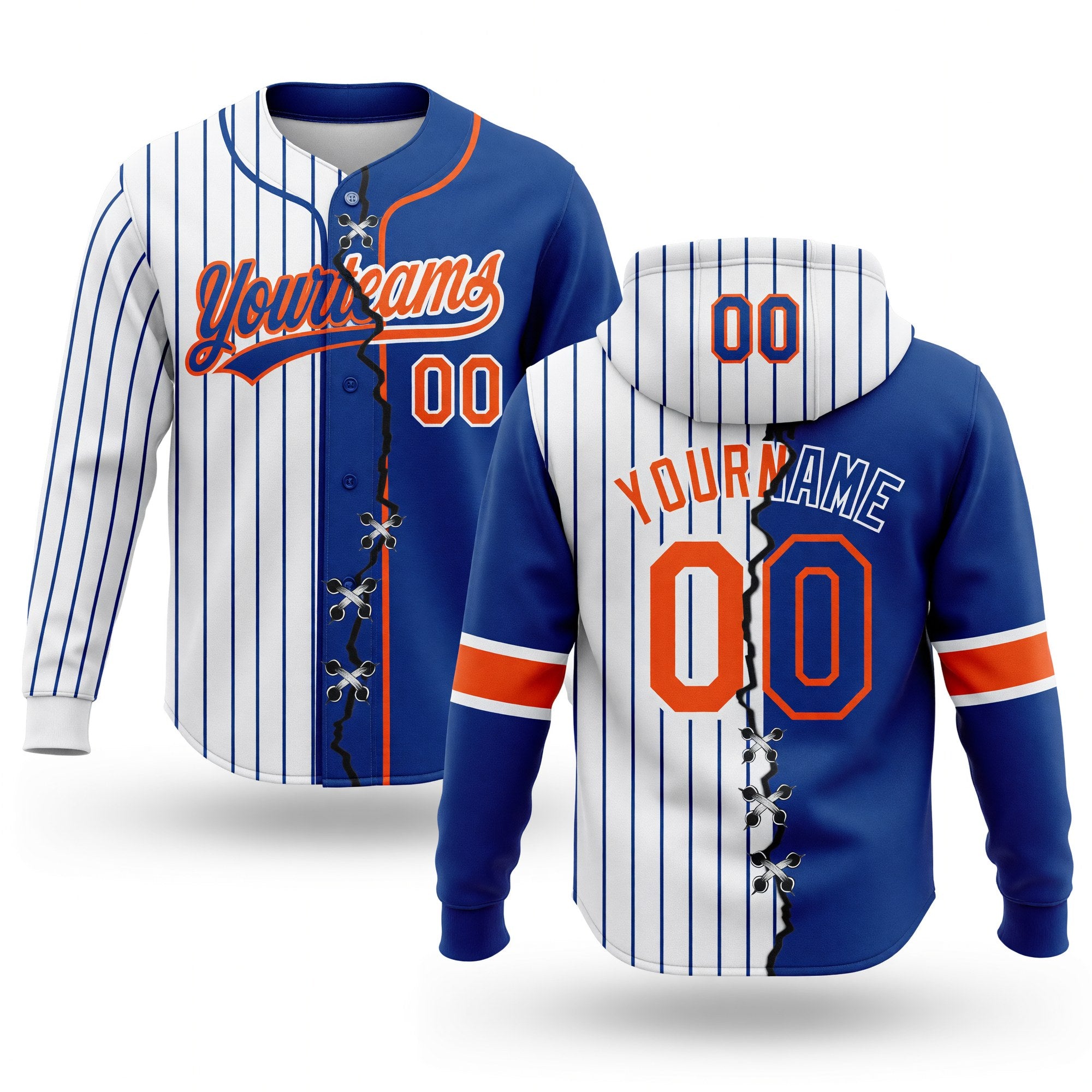 Custom Royal Orange-White Pinstripe Split Ripped Pattern Baseball Pullover Sweatshirt Hoodie
