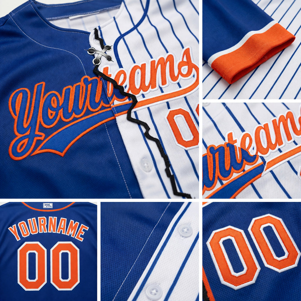 Custom Royal Orange-White Pinstripe Split Ripped Pattern Baseball Pullover Sweatshirt Hoodie detail