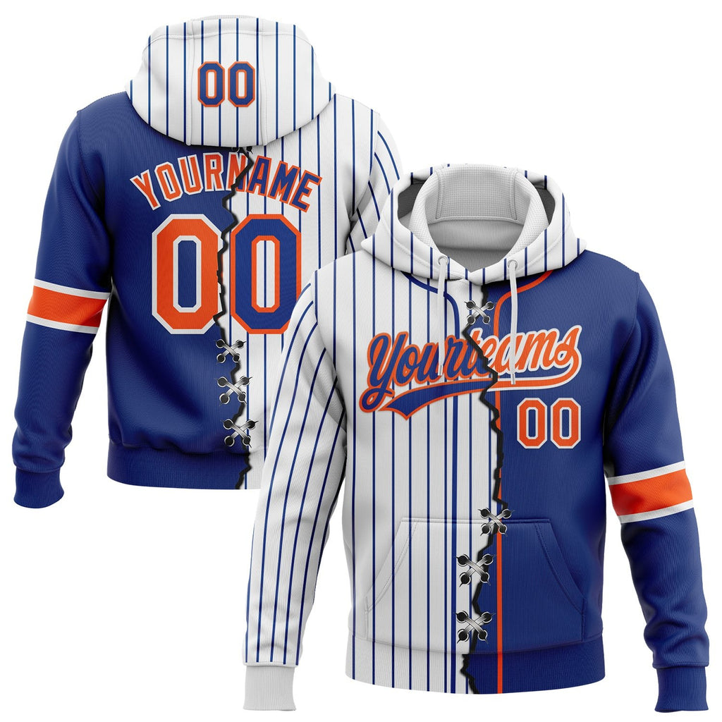 Custom Royal Orange-White Pinstripe Split Ripped Pattern Baseball Pullover Sweatshirt Hoodie photo 1