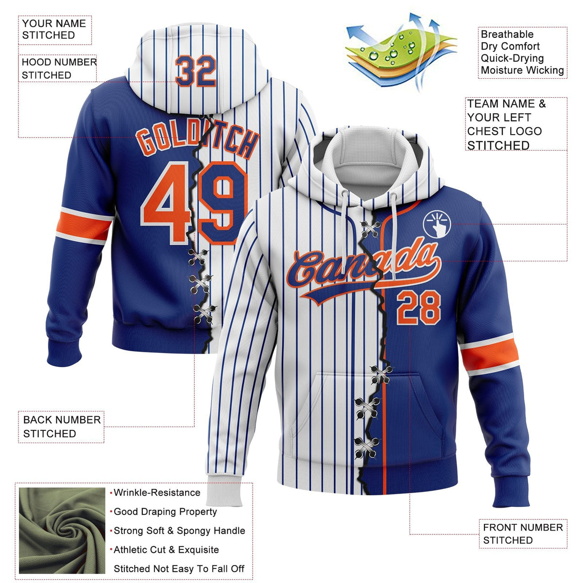 Custom Royal Orange-White Pinstripe Split Ripped Pattern Baseball Pullover Sweatshirt Hoodie photo 2