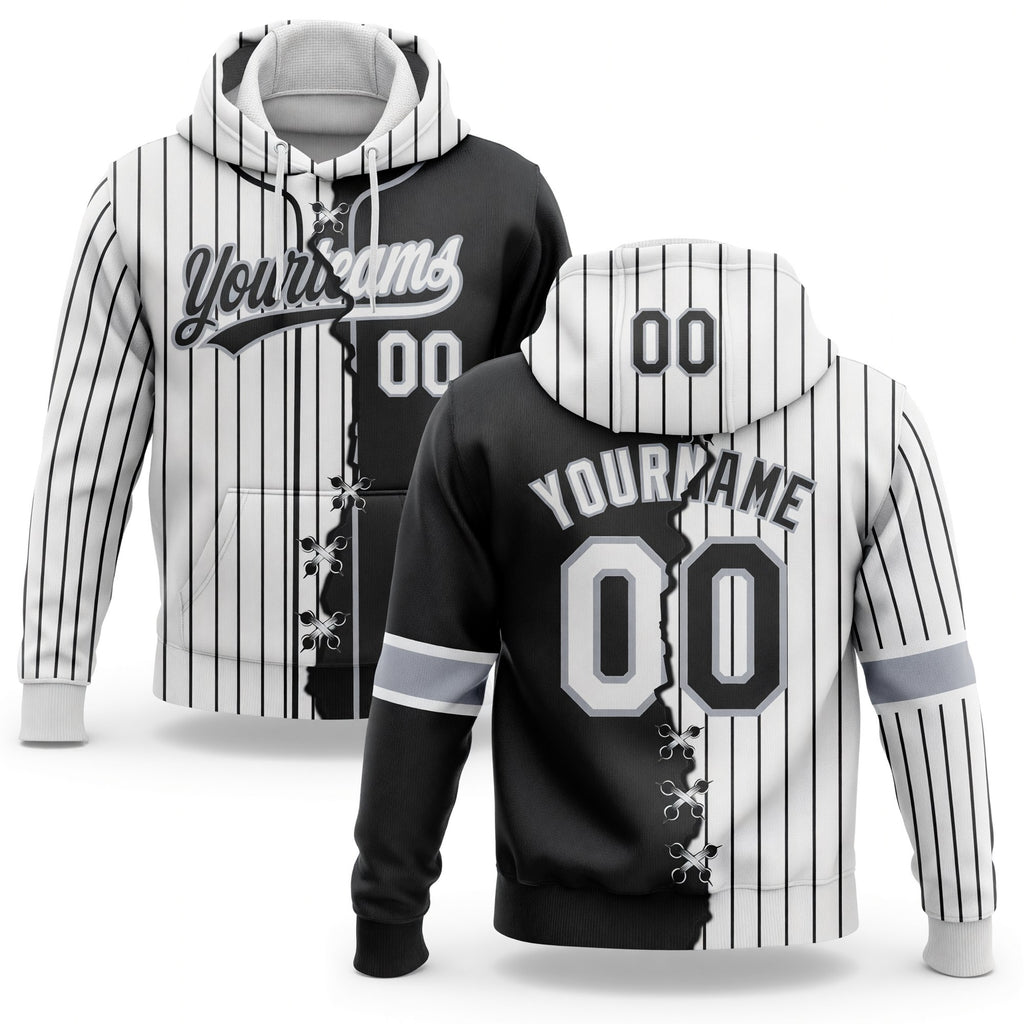 Custom Black White-Gray Pinstripe Split Ripped Pattern Baseball Pullover Sweatshirt Hoodie