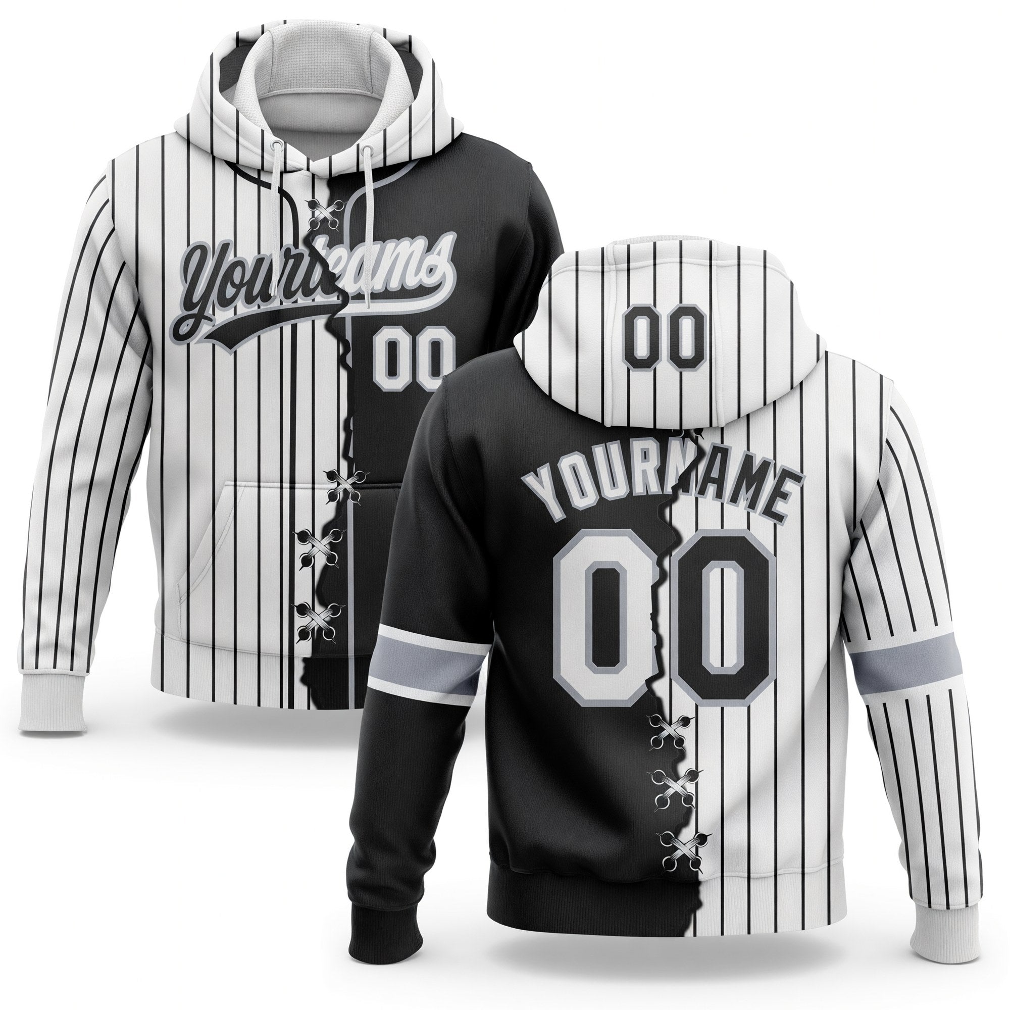 Custom Black White-Gray Pinstripe Split Ripped Pattern Baseball Pullover Sweatshirt Hoodie