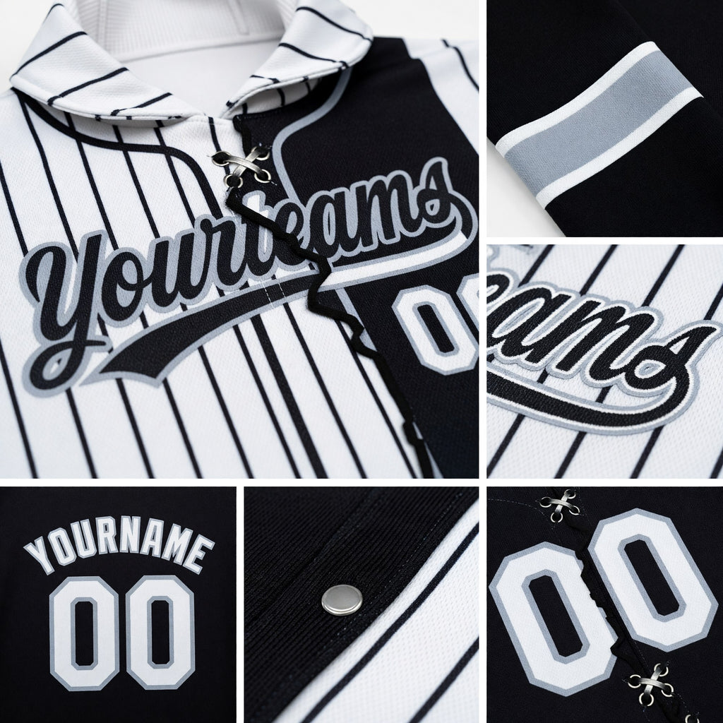 Custom Black White-Gray Pinstripe Split Ripped Pattern Baseball Pullover Sweatshirt Hoodie detail