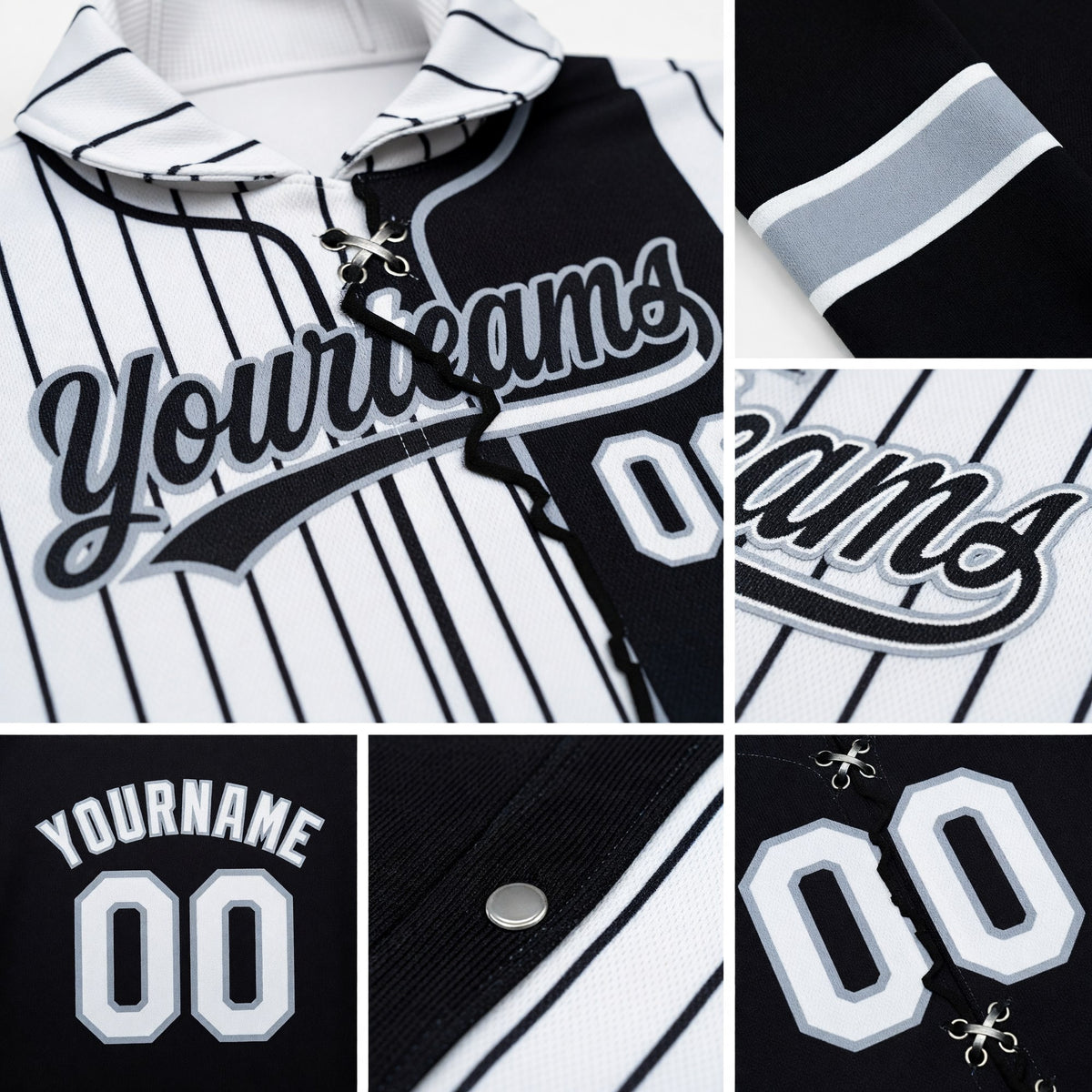 Custom Black White-Gray Pinstripe Split Ripped Pattern Baseball Pullover Sweatshirt Hoodie detail