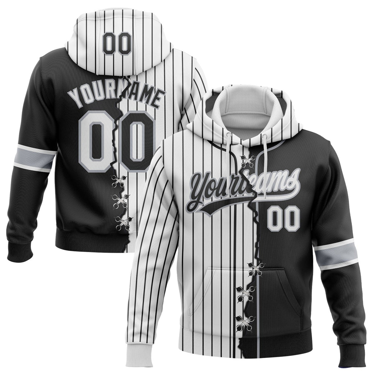 Custom Black White-Gray Pinstripe Split Ripped Pattern Baseball Pullover Sweatshirt Hoodie photo 1