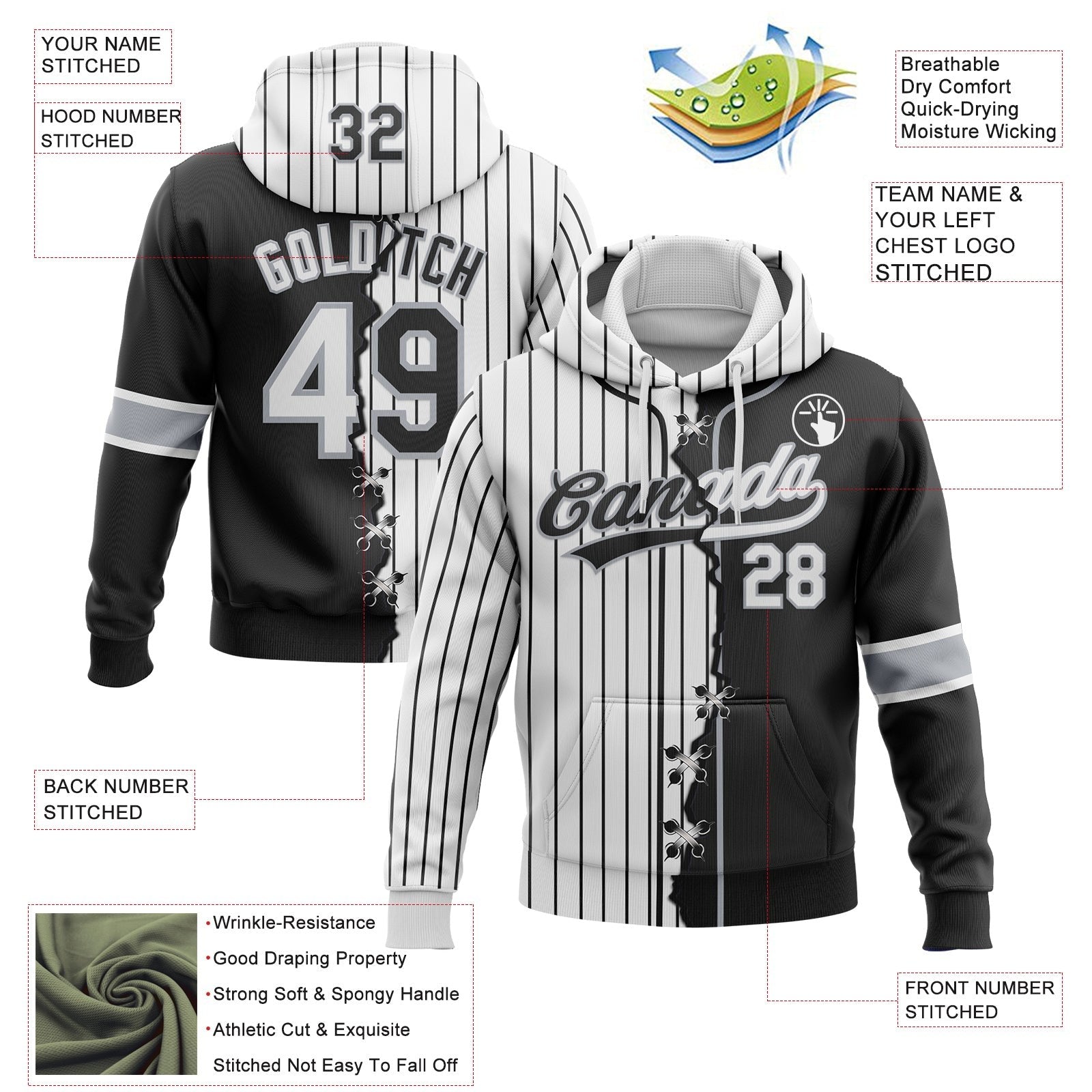 Custom Black White-Gray Pinstripe Split Ripped Pattern Baseball Pullover Sweatshirt Hoodie photo 2