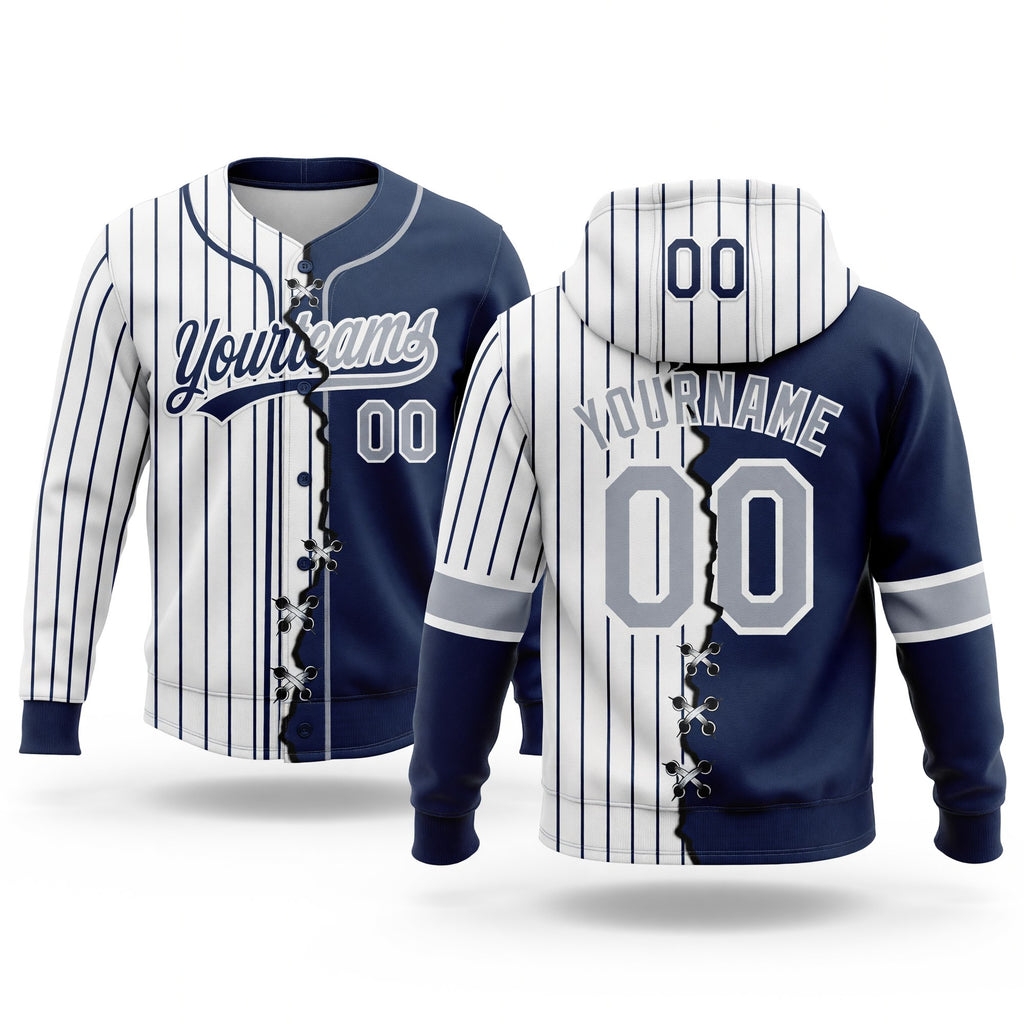 Custom Navy Gray-White Pinstripe Split Ripped Pattern Baseball Pullover Sweatshirt Hoodie
