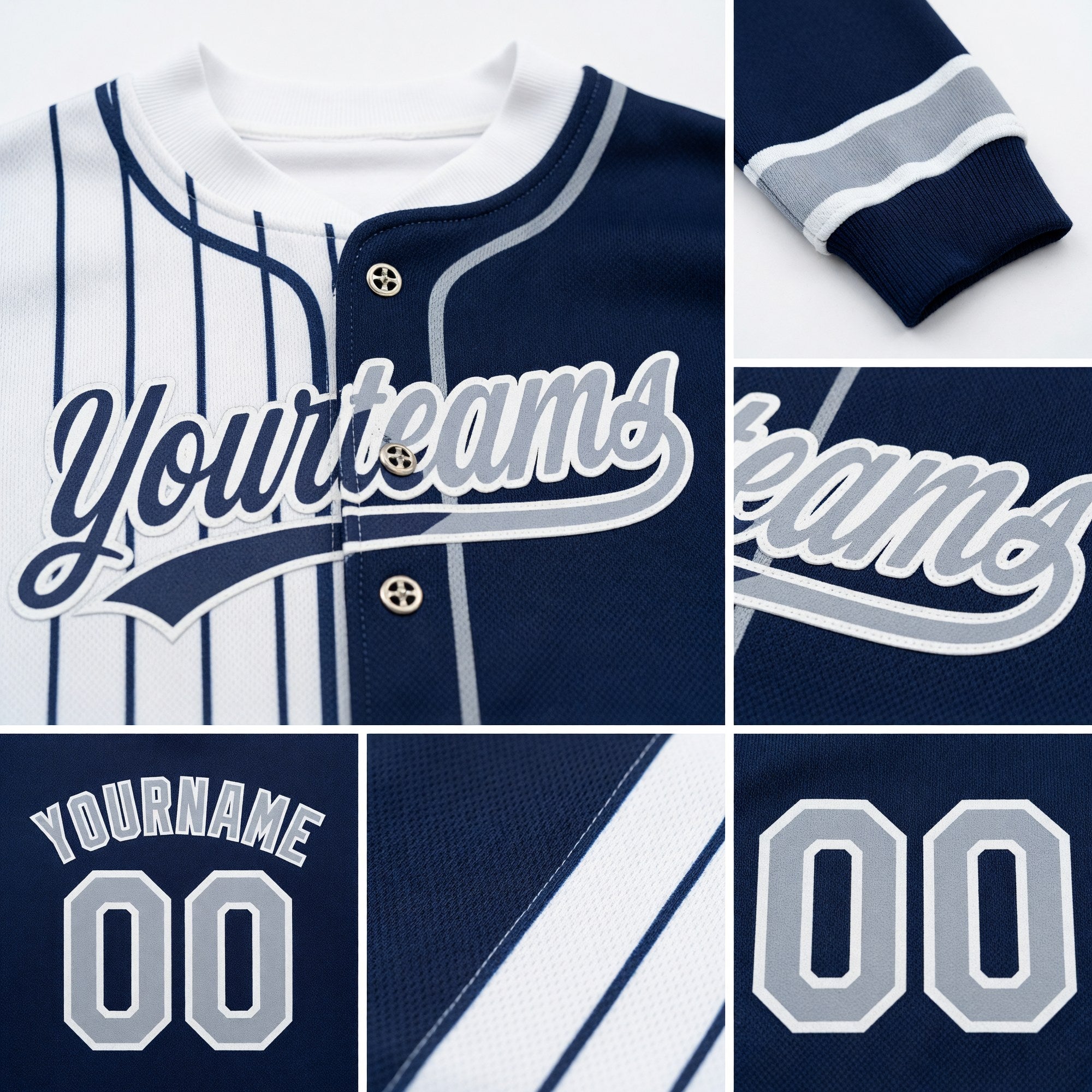 Custom Navy Gray-White Pinstripe Split Ripped Pattern Baseball Pullover Sweatshirt Hoodie detail