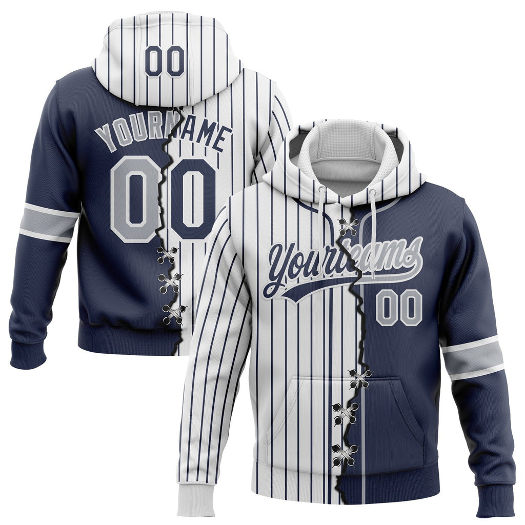Custom Navy Gray-White Pinstripe Split Ripped Pattern Baseball Pullover Sweatshirt Hoodie photo 1