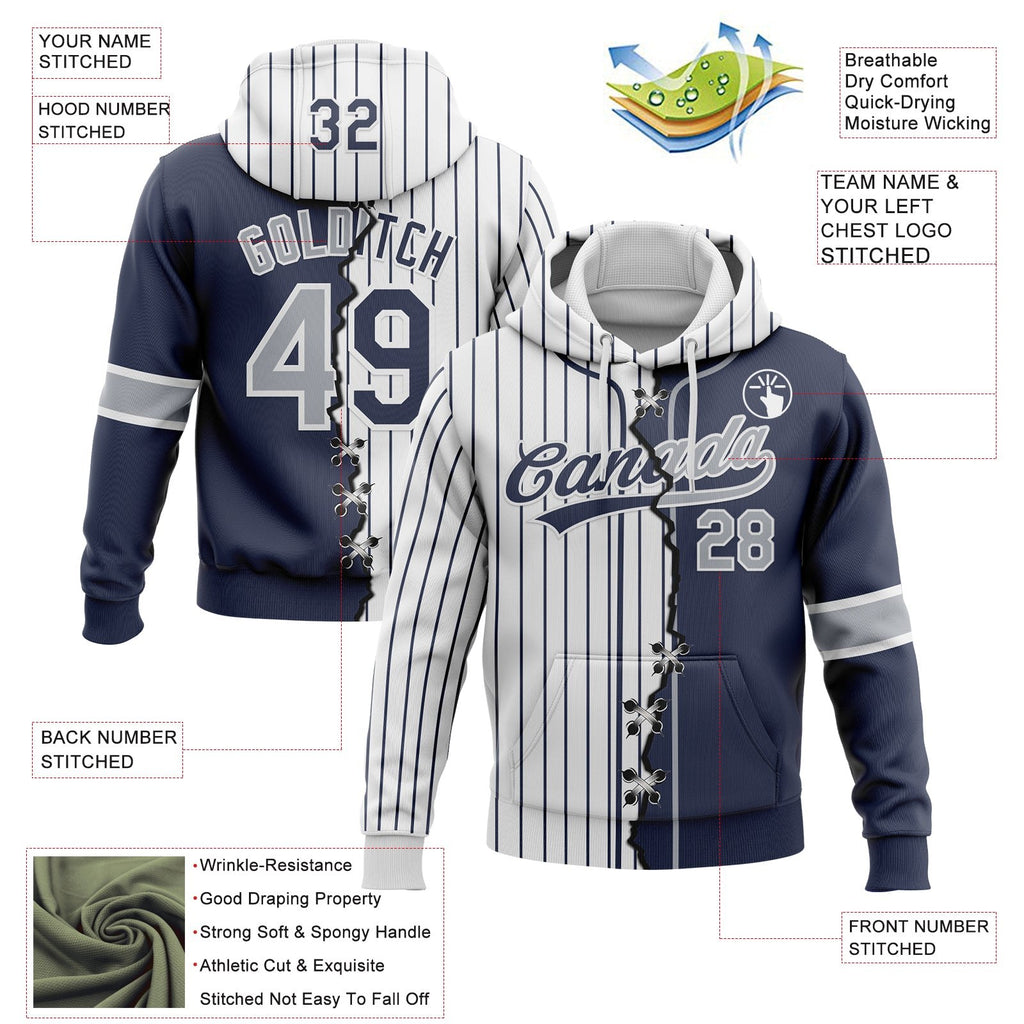 Custom Navy Gray-White Pinstripe Split Ripped Pattern Baseball Pullover Sweatshirt Hoodie photo 2
