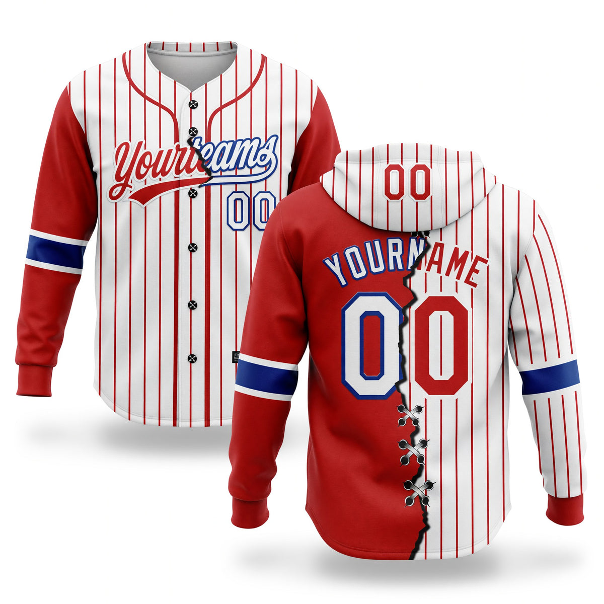 Custom Red White-Royal Pinstripe Split Ripped Pattern Baseball Pullover Sweatshirt Hoodie