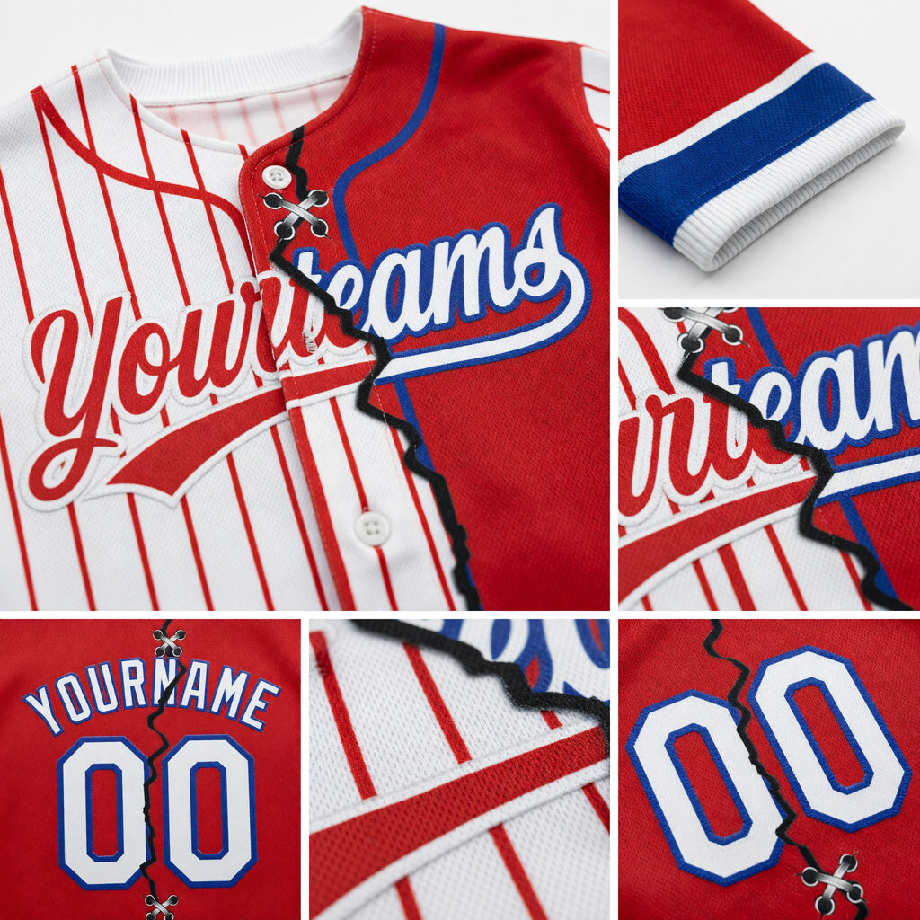 Custom Red White-Royal Pinstripe Split Ripped Pattern Baseball Pullover Sweatshirt Hoodie detail