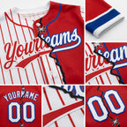 Custom Red White-Royal Pinstripe Split Ripped Pattern Baseball Pullover Sweatshirt Hoodie detail