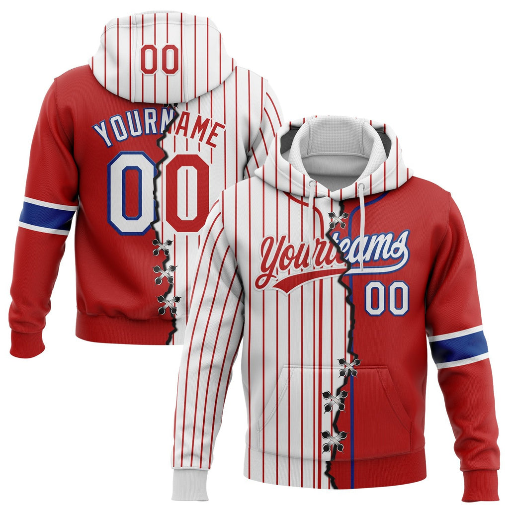 Custom Red White-Royal Pinstripe Split Ripped Pattern Baseball Pullover Sweatshirt Hoodie photo 1