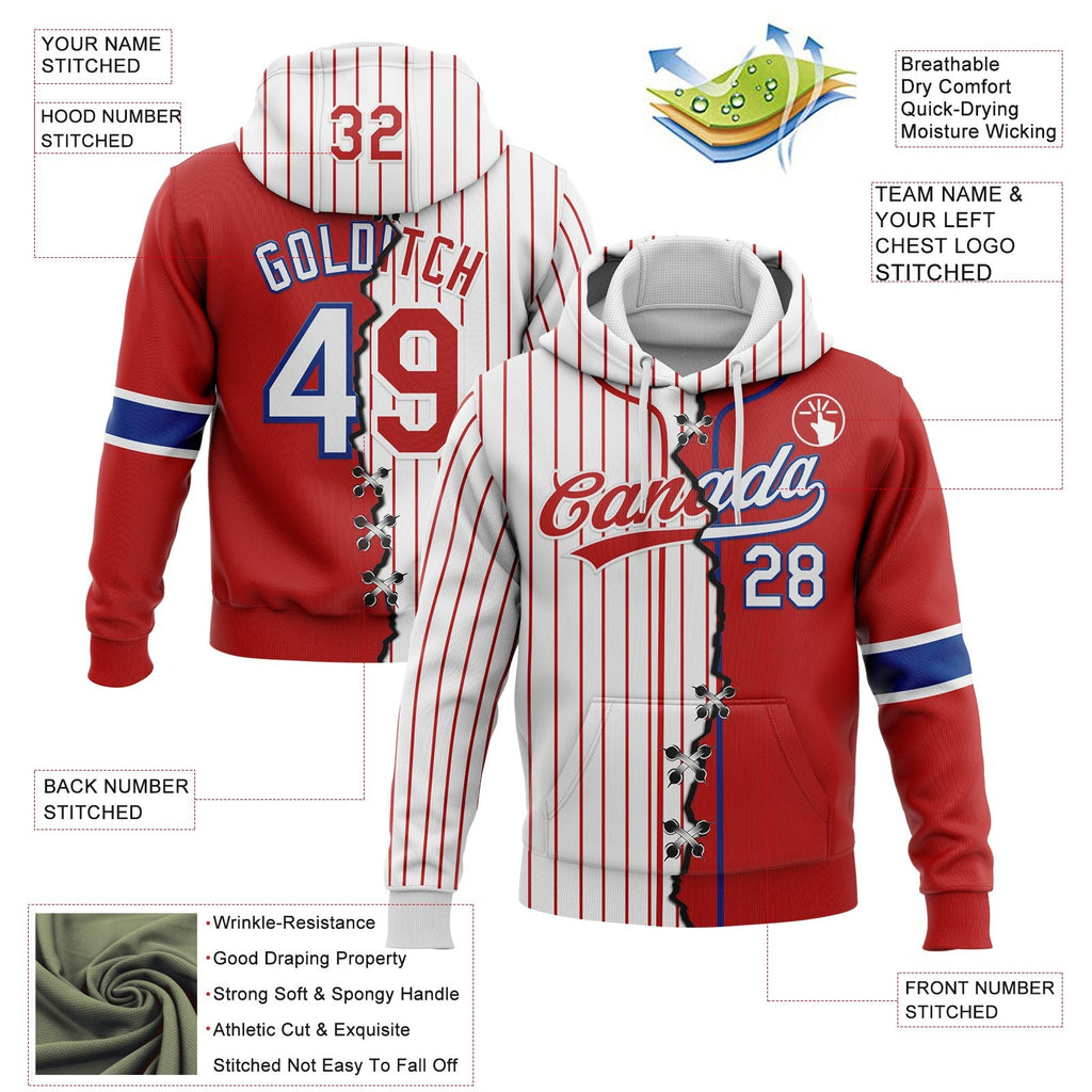Custom Red White-Royal Pinstripe Split Ripped Pattern Baseball Pullover Sweatshirt Hoodie photo 2