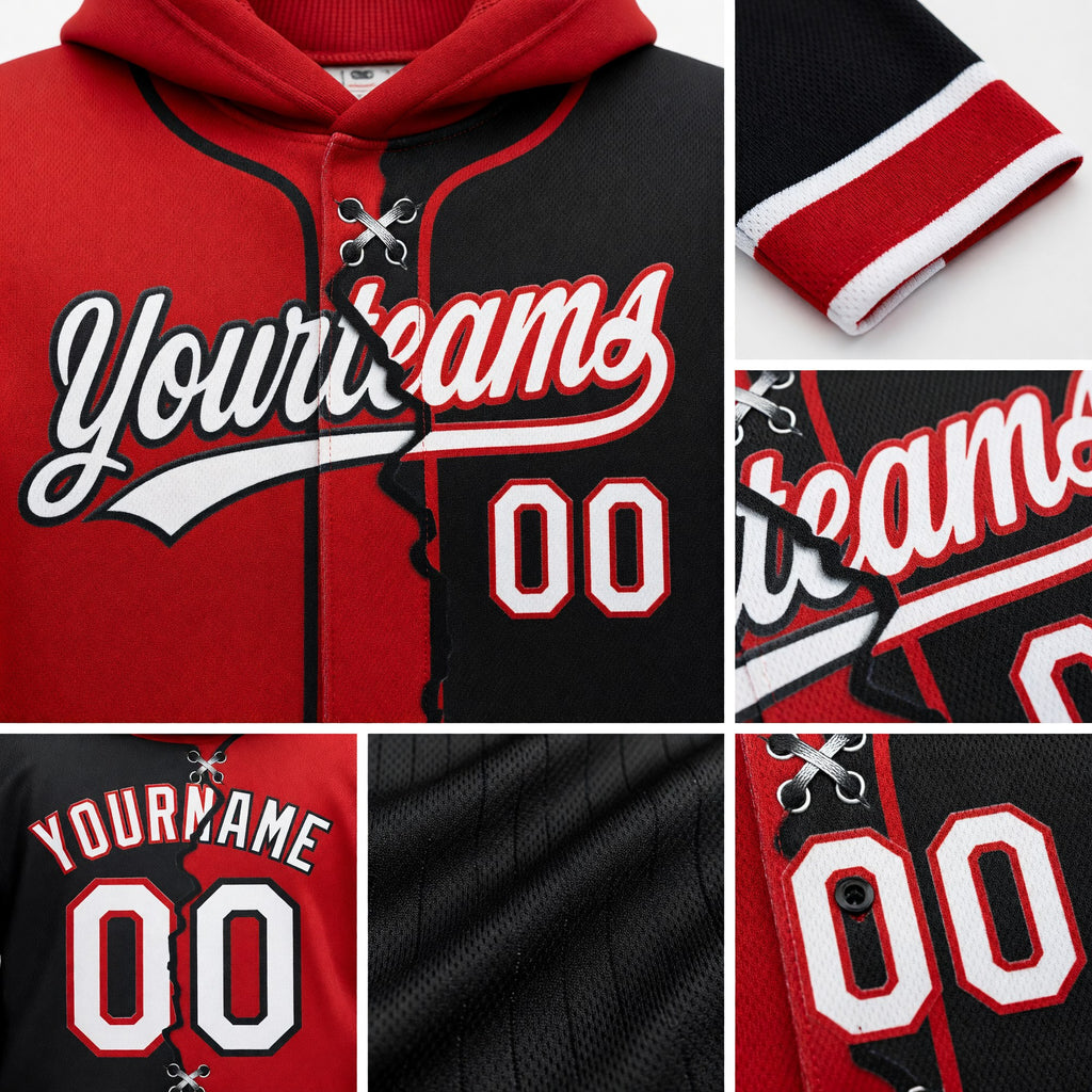 Custom Black White-Red Split Ripped Pattern Baseball Pullover Sweatshirt Hoodie detail