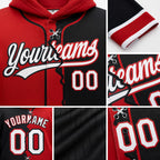 Custom Black White-Red Split Ripped Pattern Baseball Pullover Sweatshirt Hoodie detail