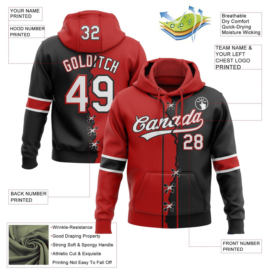 Custom Black White-Red Split Ripped Pattern Baseball Pullover Sweatshirt Hoodie photo 4