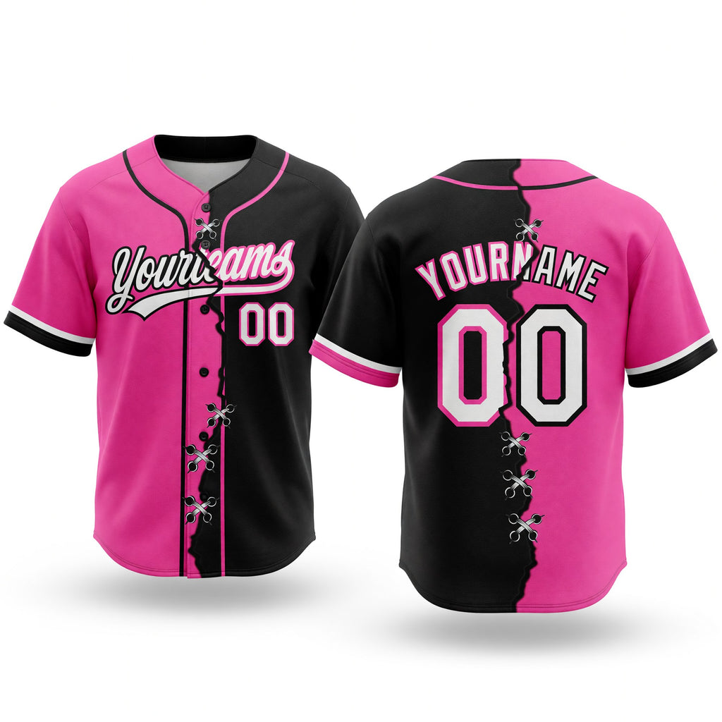Custom Black Whte-Pink Split Ripped Pattern Baseball Pullover Sweatshirt Hoodie