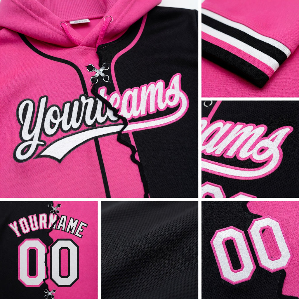 Custom Black Whte-Pink Split Ripped Pattern Baseball Pullover Sweatshirt Hoodie detail