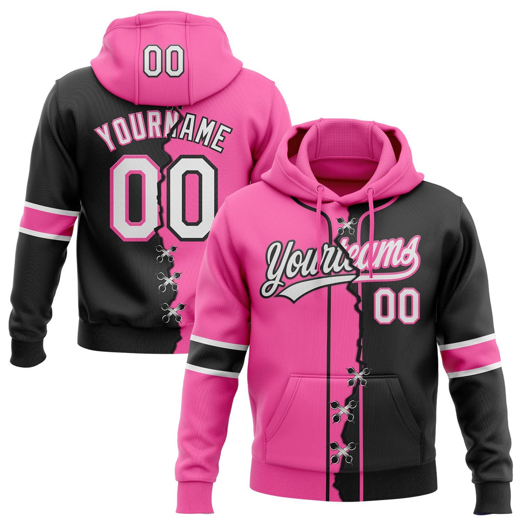 Custom Black Whte-Pink Split Ripped Pattern Baseball Pullover Sweatshirt Hoodie photo 1