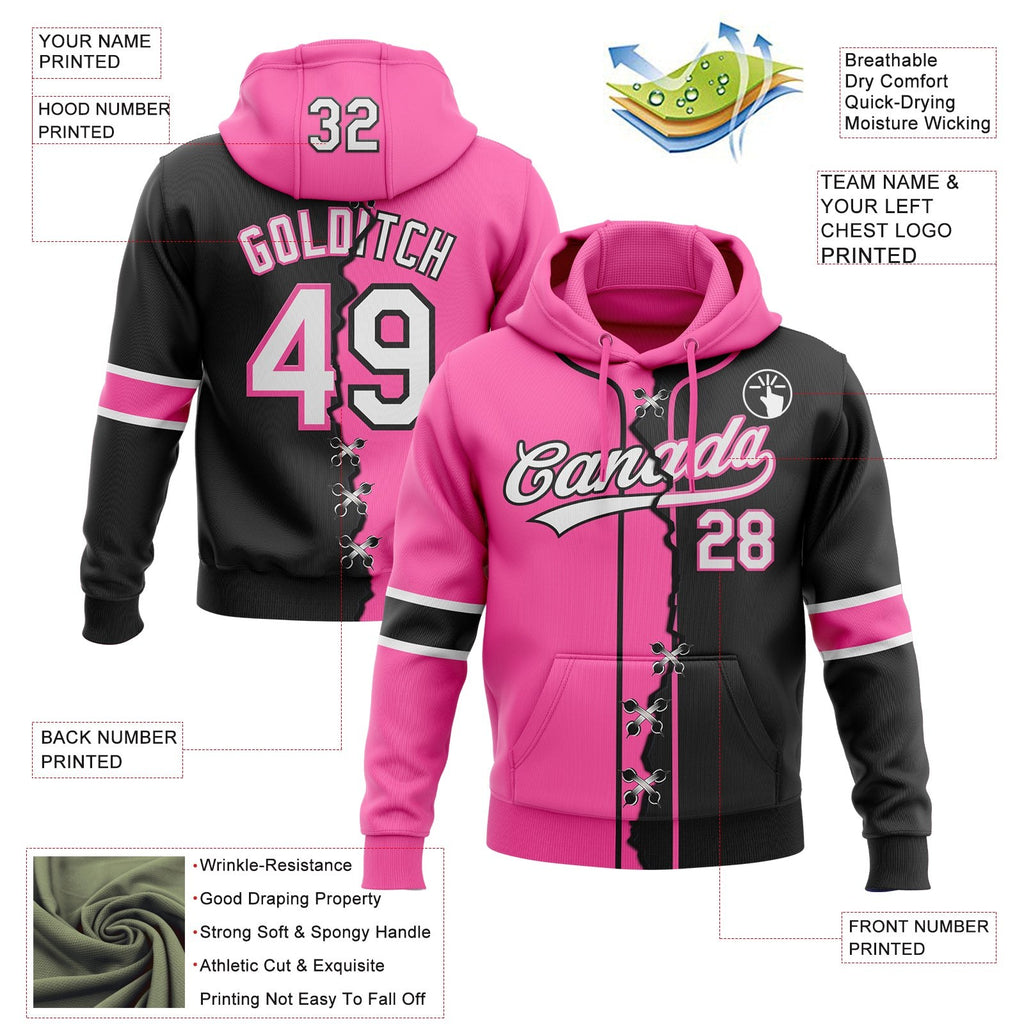Custom Black Whte-Pink Split Ripped Pattern Baseball Pullover Sweatshirt Hoodie photo 4