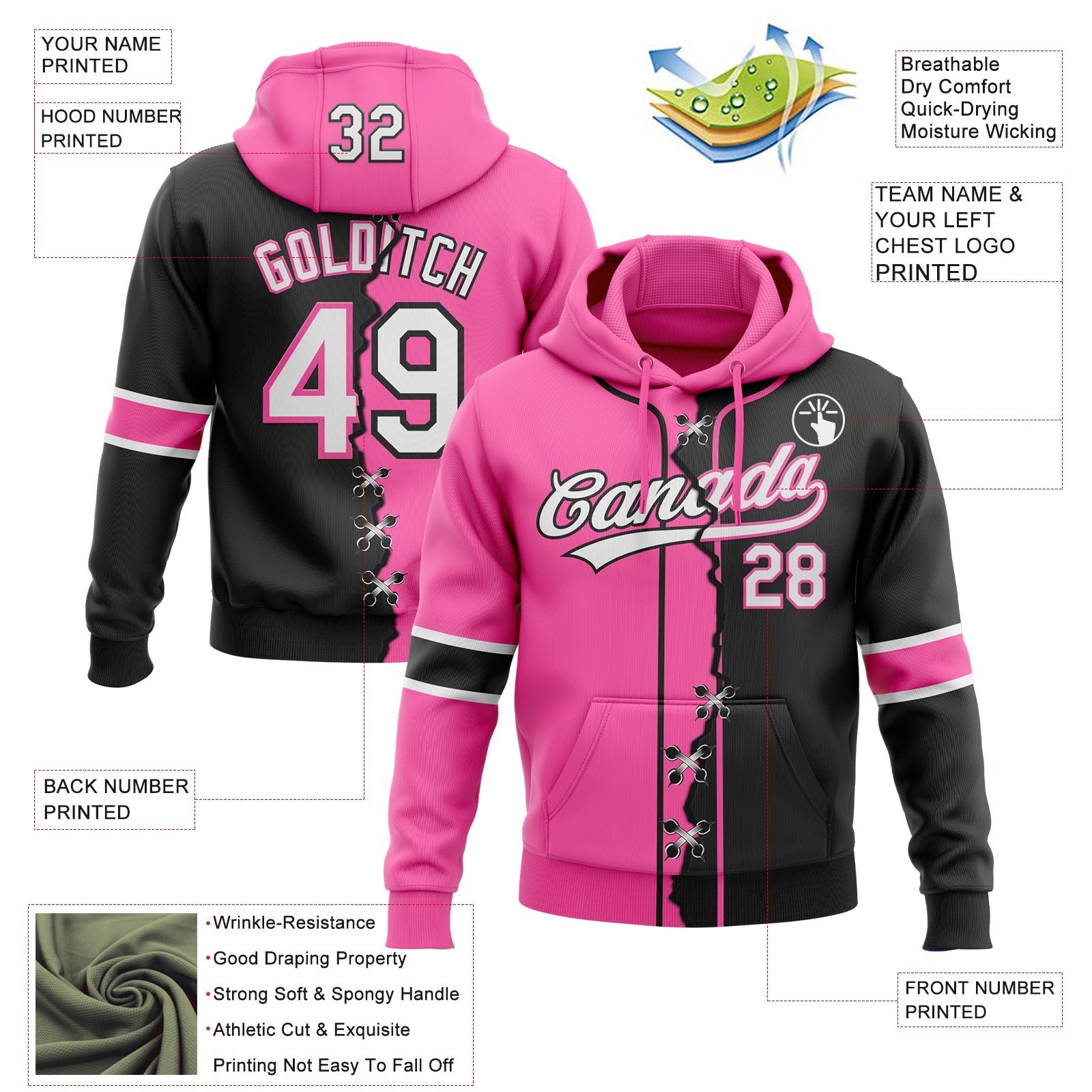 Custom Black Whte-Pink Split Ripped Pattern Baseball Pullover Sweatshirt Hoodie photo 4