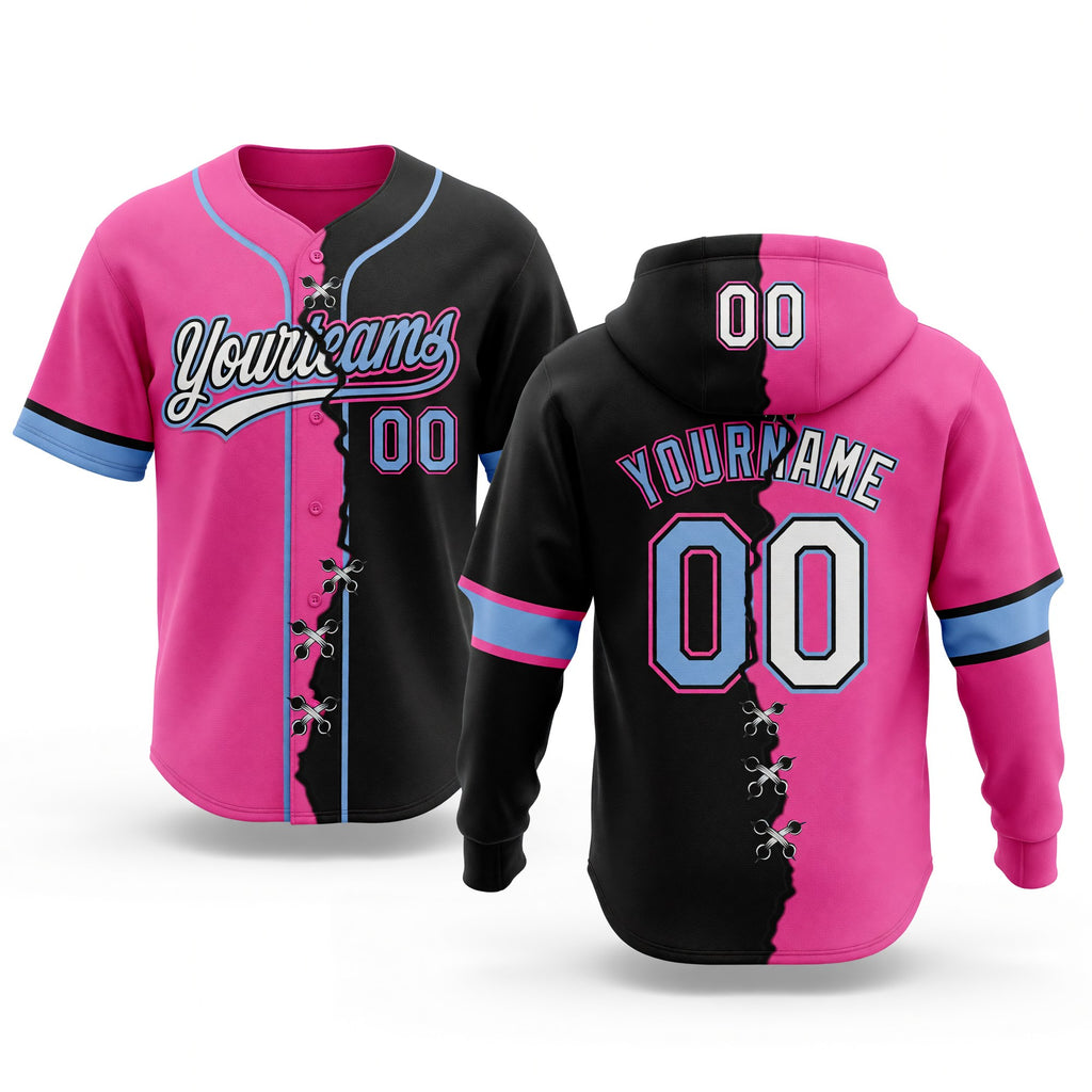 Custom Black Light Blue Pink-Whte Split Ripped Pattern Baseball Pullover Sweatshirt Hoodie