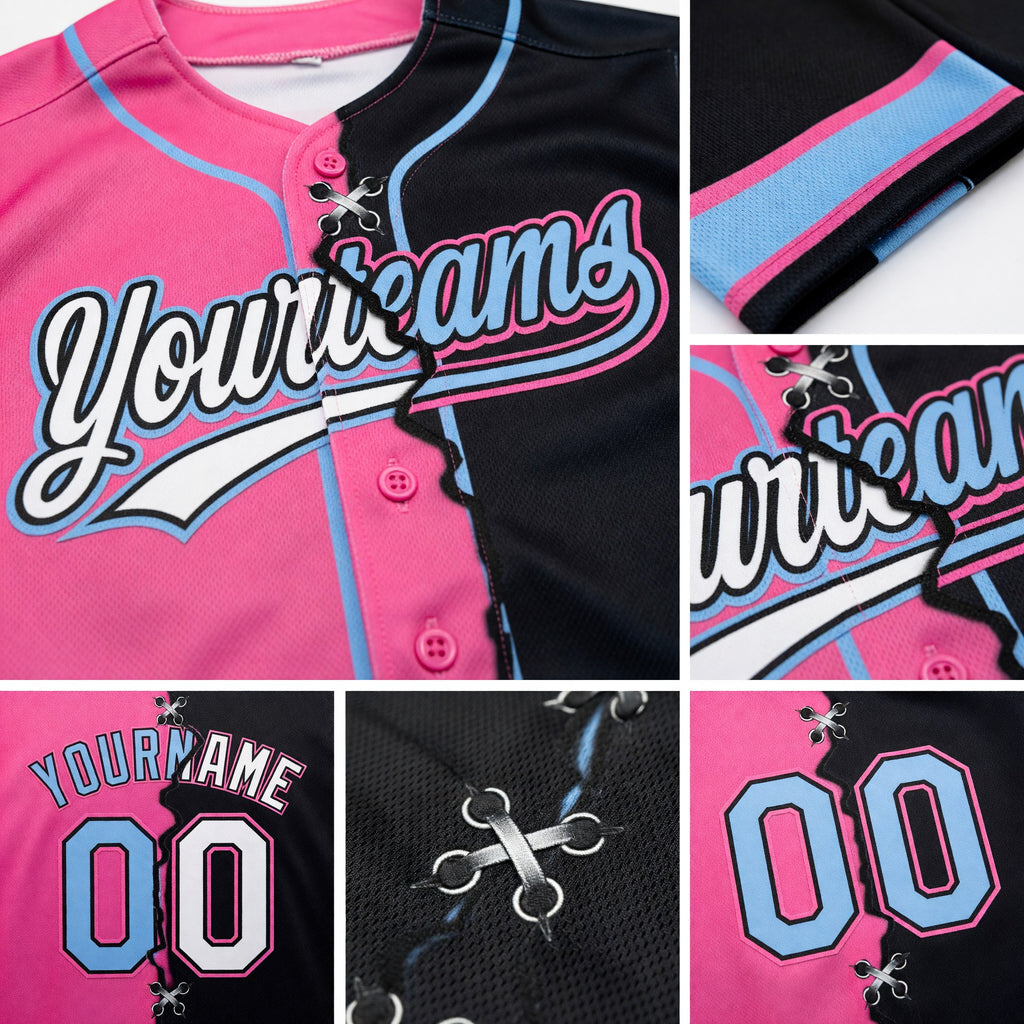 Custom Black Light Blue Pink-Whte Split Ripped Pattern Baseball Pullover Sweatshirt Hoodie detail