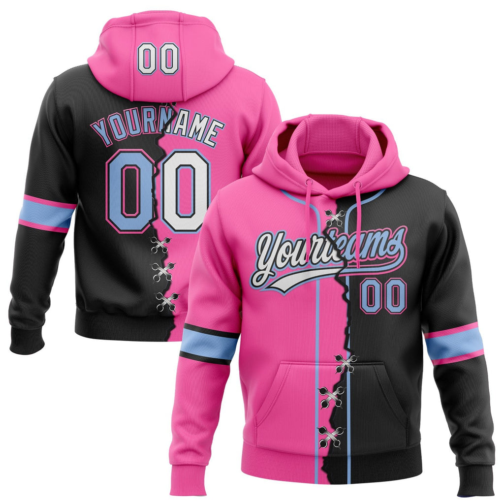 Custom Black Light Blue Pink-Whte Split Ripped Pattern Baseball Pullover Sweatshirt Hoodie photo 1