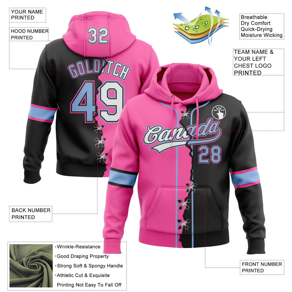 Custom Black Light Blue Pink-Whte Split Ripped Pattern Baseball Pullover Sweatshirt Hoodie photo 4