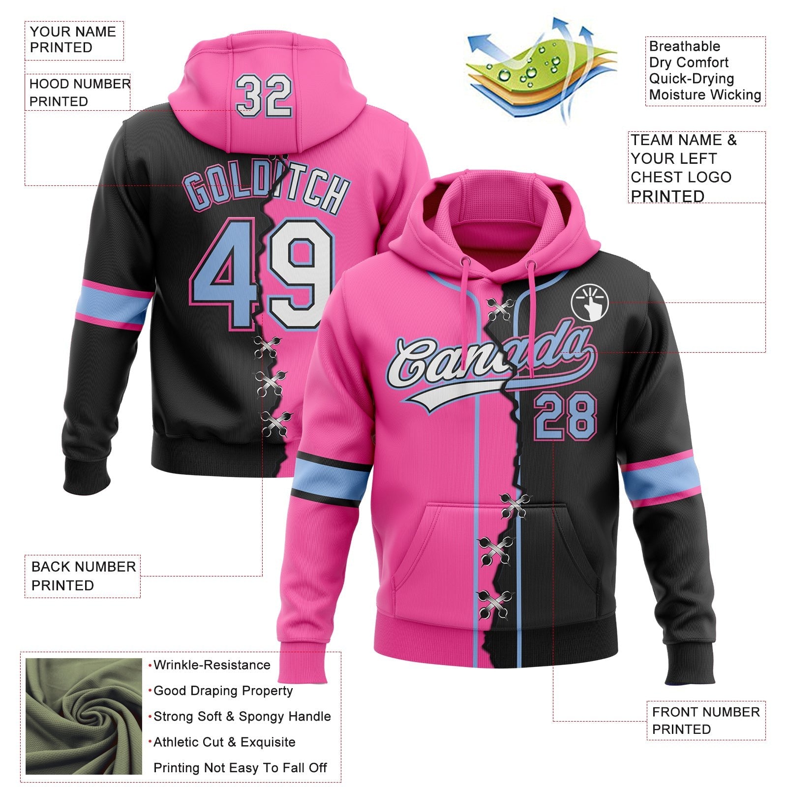 Custom Black Light Blue Pink-Whte Split Ripped Pattern Baseball Pullover Sweatshirt Hoodie photo 4