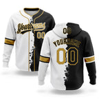 Custom Black Old Gold-White Split Ripped Pattern Baseball Pullover Sweatshirt Hoodie