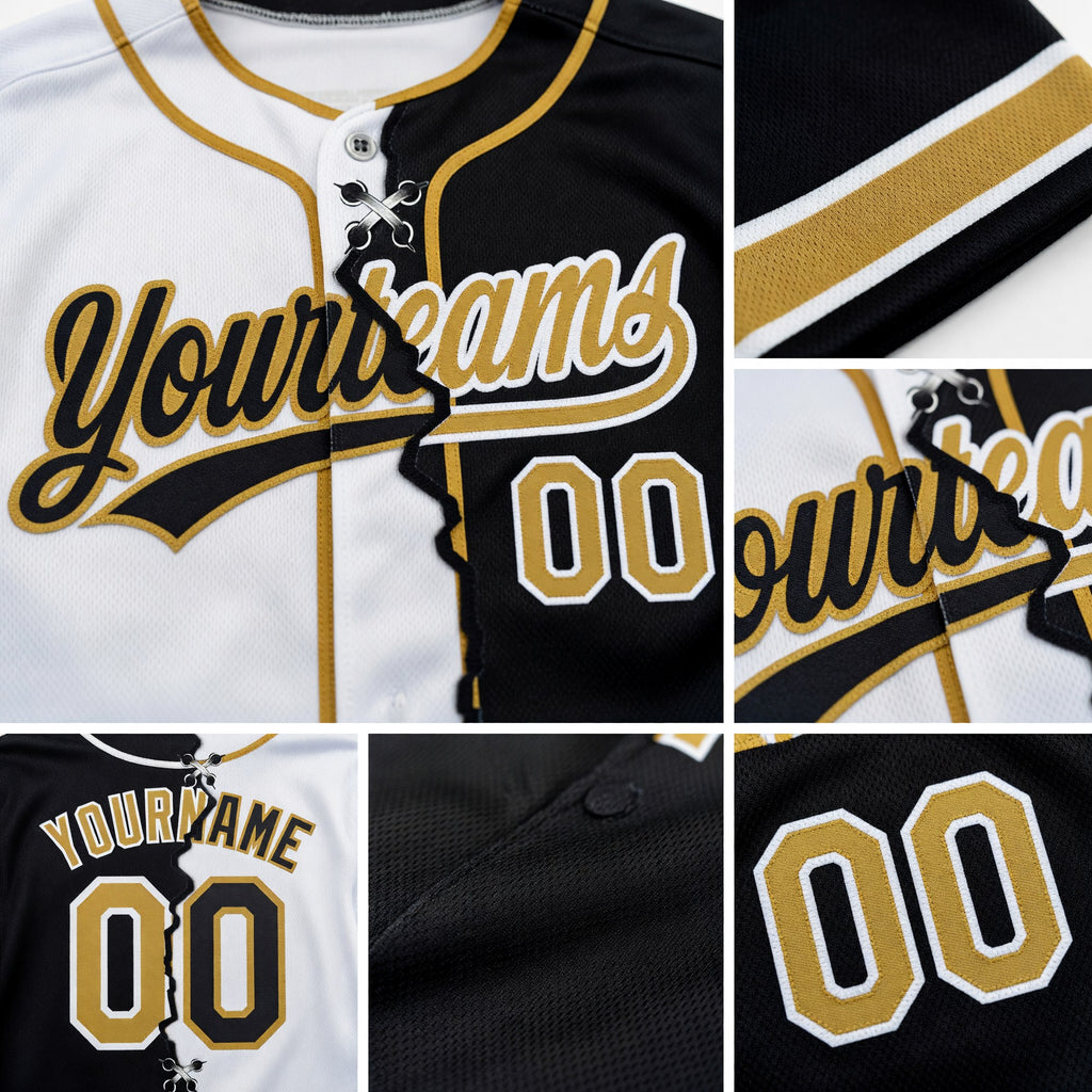 Custom Black Old Gold-White Split Ripped Pattern Baseball Pullover Sweatshirt Hoodie detail