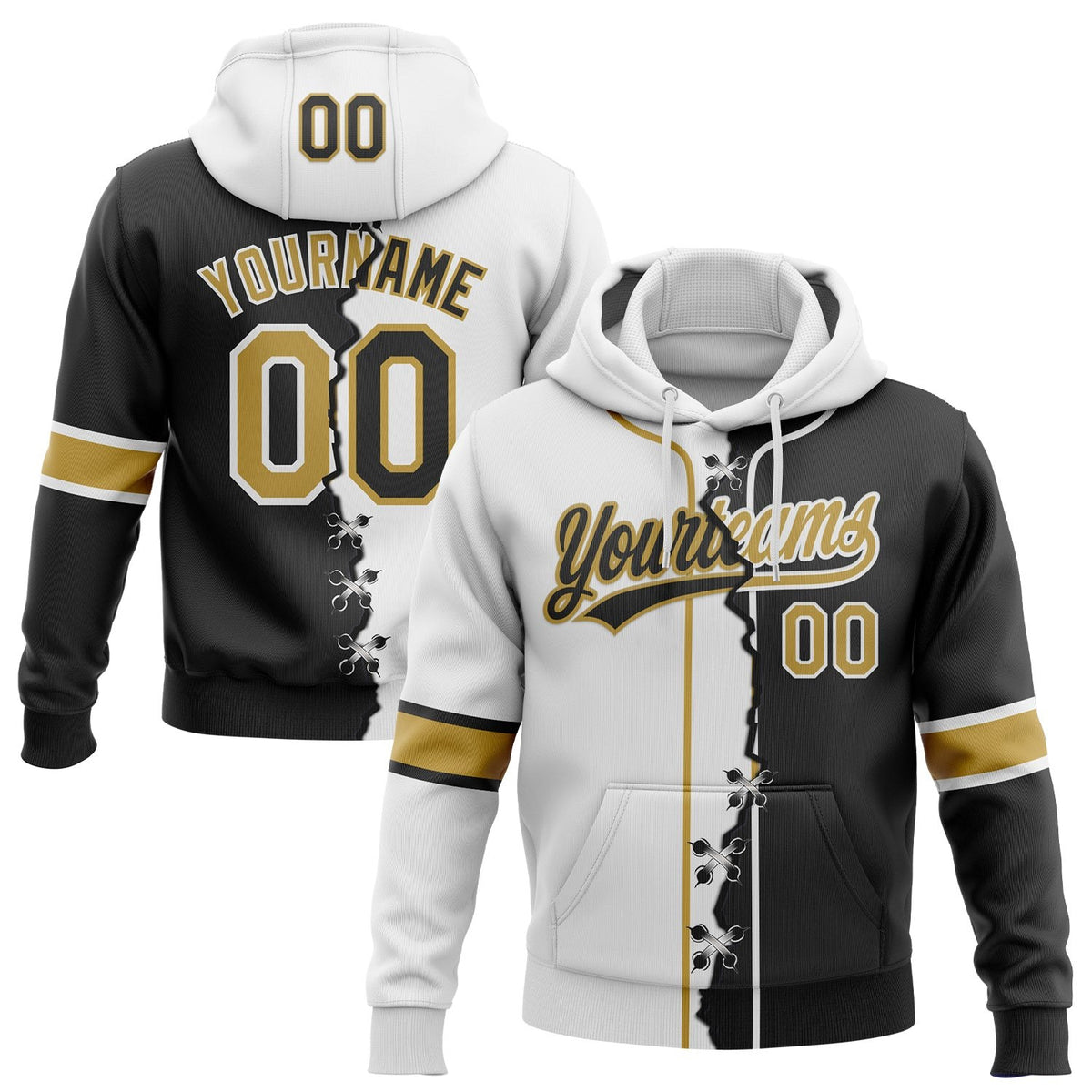 Custom Black Old Gold-White Split Ripped Pattern Baseball Pullover Sweatshirt Hoodie photo 1