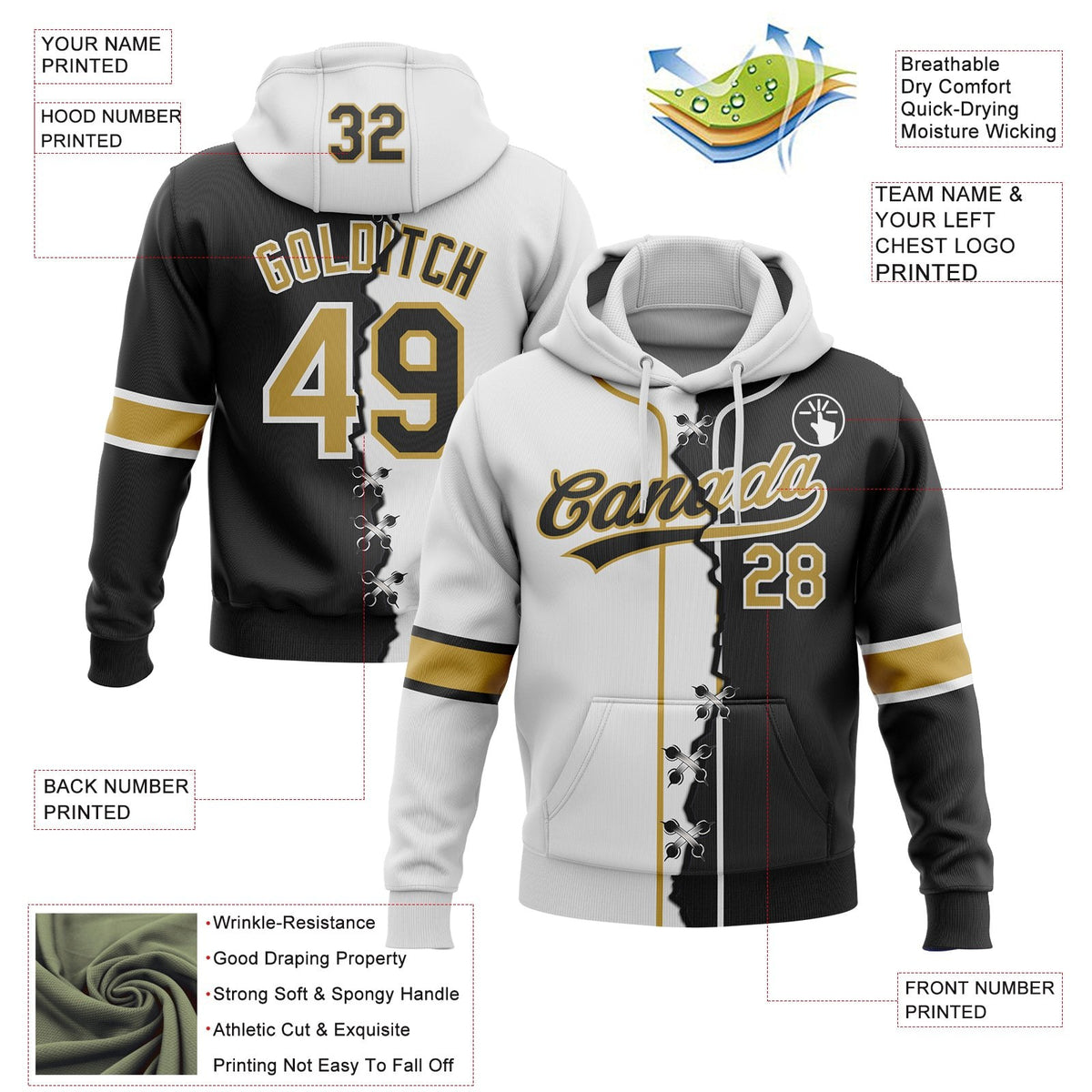 Custom Black Old Gold-White Split Ripped Pattern Baseball Pullover Sweatshirt Hoodie photo 4