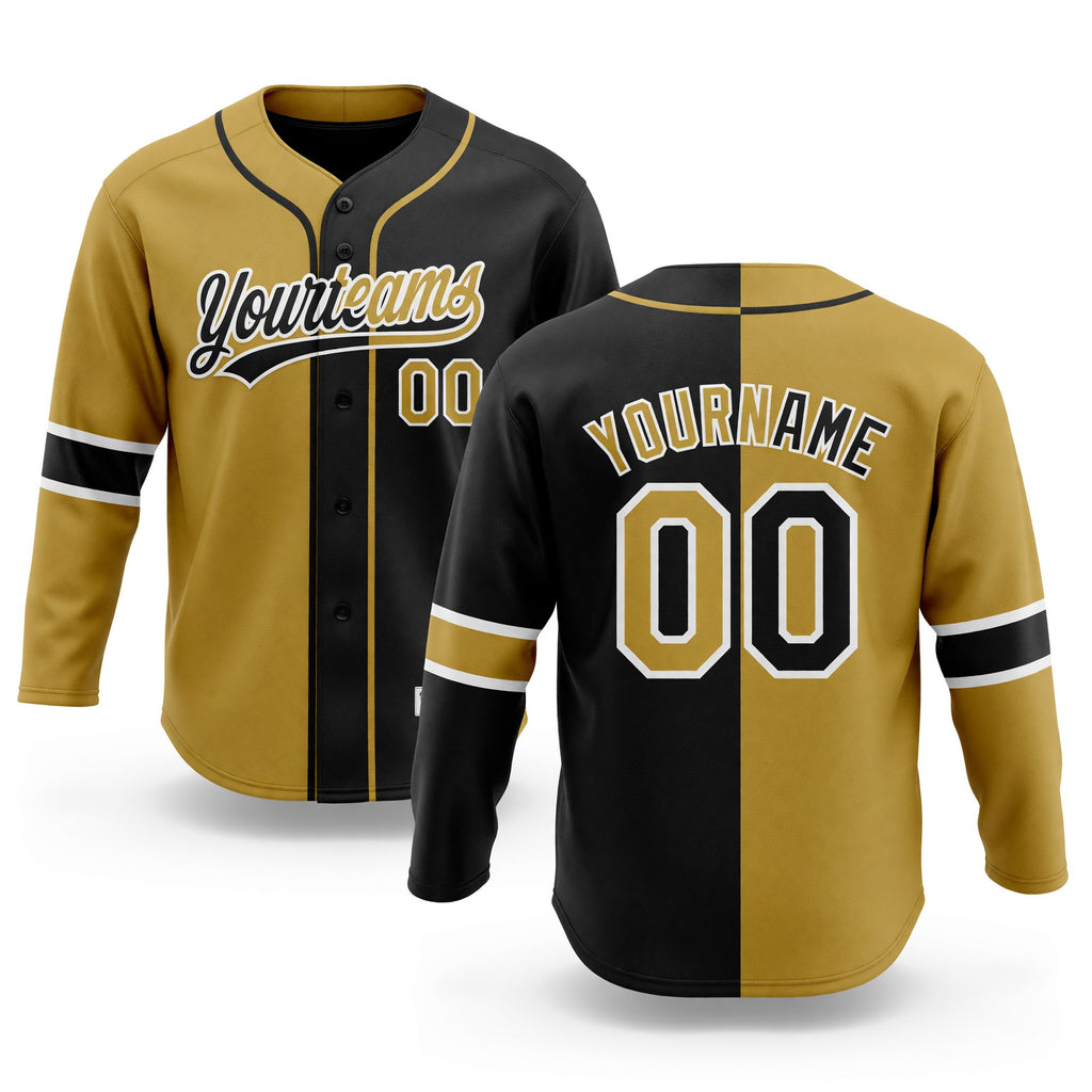Custom Black Old Gold-White Split Ripped Pattern Baseball Pullover Sweatshirt Hoodie