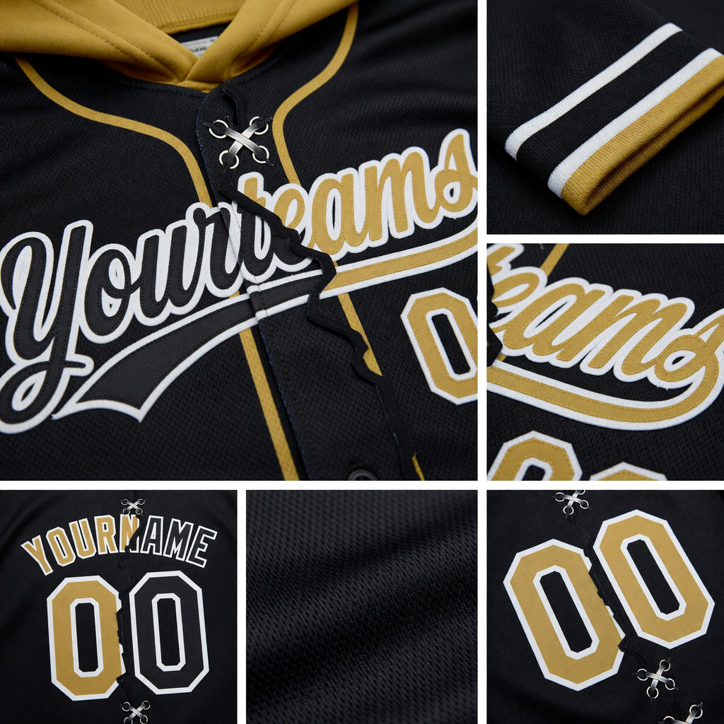 Custom Black Old Gold-White Split Ripped Pattern Baseball Pullover Sweatshirt Hoodie detail