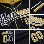 Custom Black Old Gold-White Split Ripped Pattern Baseball Pullover Sweatshirt Hoodie detail