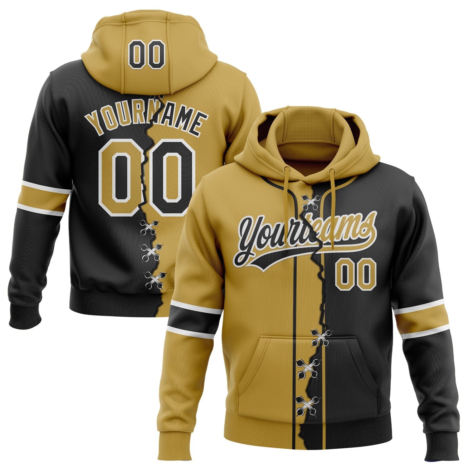 Custom Black Old Gold-White Split Ripped Pattern Baseball Pullover Sweatshirt Hoodie photo 1