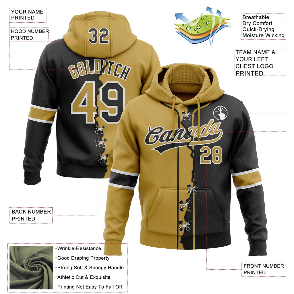 Custom Black Old Gold-White Split Ripped Pattern Baseball Pullover Sweatshirt Hoodie photo 4