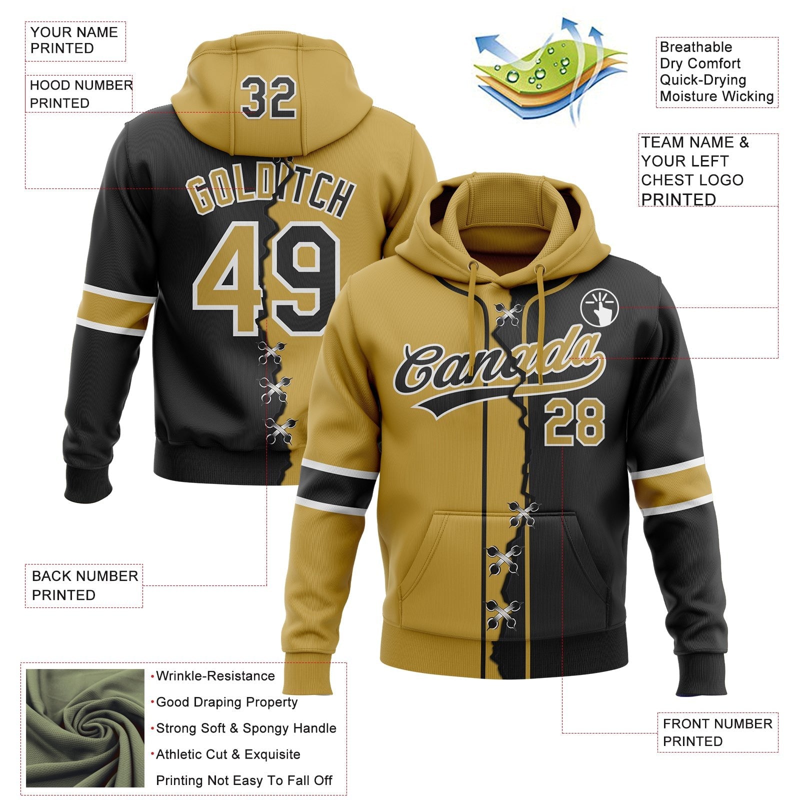 Custom Black Old Gold-White Split Ripped Pattern Baseball Pullover Sweatshirt Hoodie photo 4