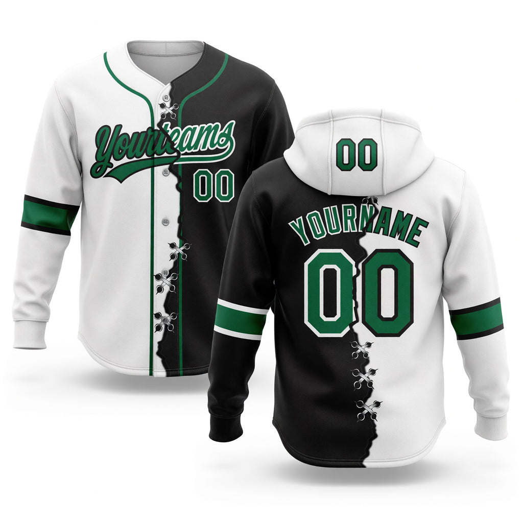 Custom Black Kelly Green-White Split Ripped Pattern Baseball Pullover Sweatshirt Hoodie