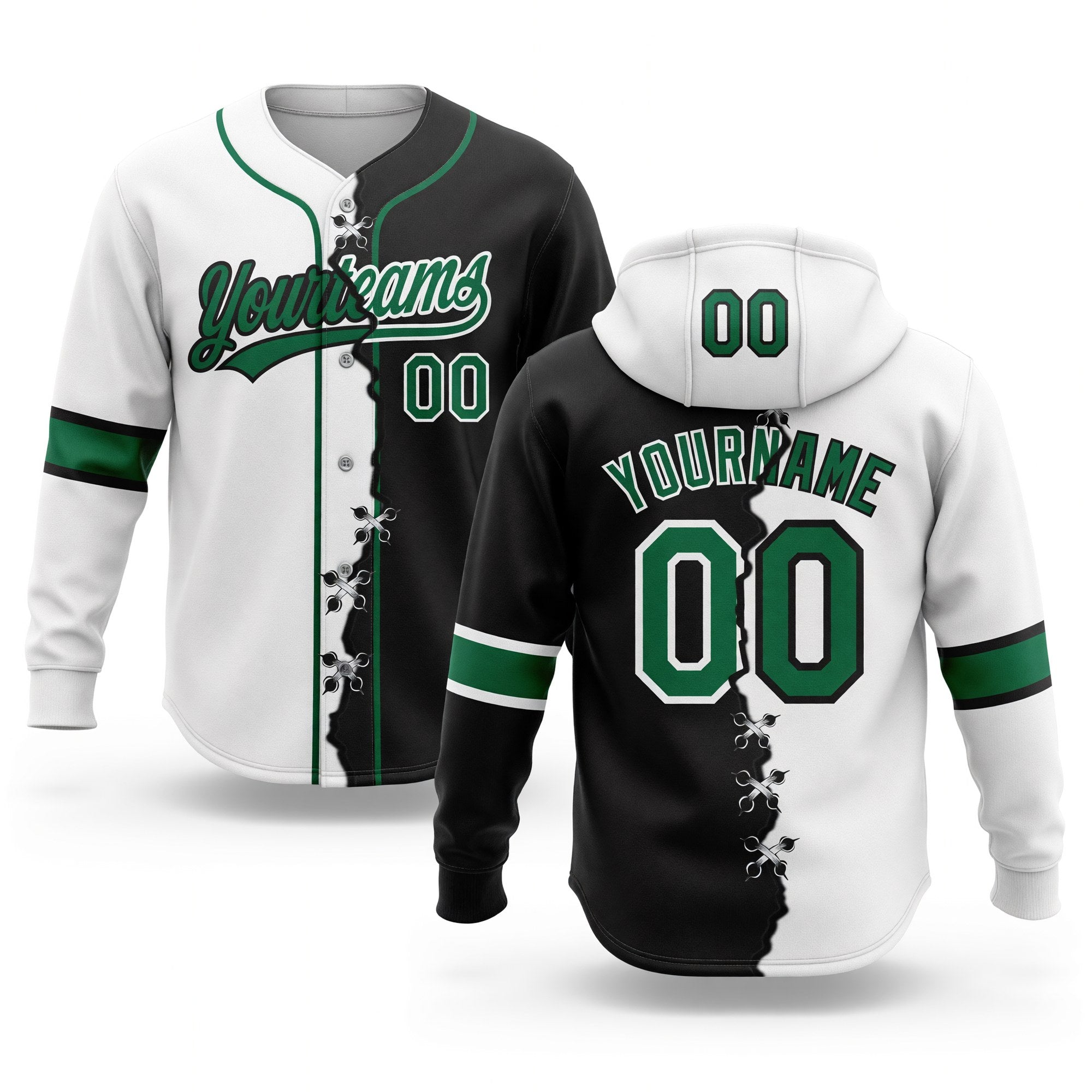 Custom Black Kelly Green-White Split Ripped Pattern Baseball Pullover Sweatshirt Hoodie