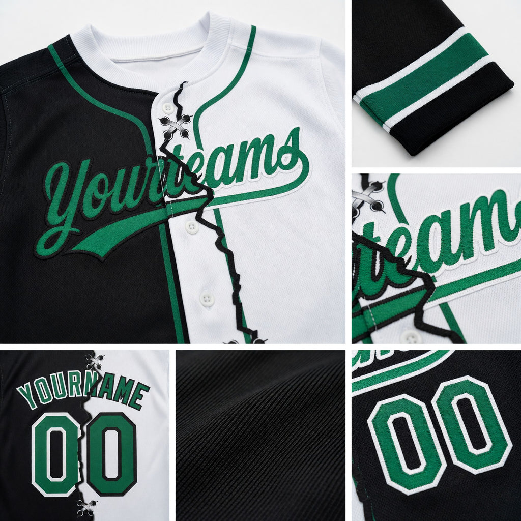 Custom Black Kelly Green-White Split Ripped Pattern Baseball Pullover Sweatshirt Hoodie detail