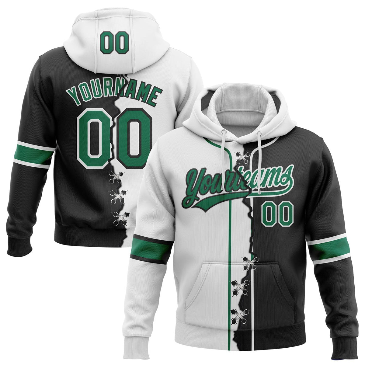 Custom Black Kelly Green-White Split Ripped Pattern Baseball Pullover Sweatshirt Hoodie photo 1