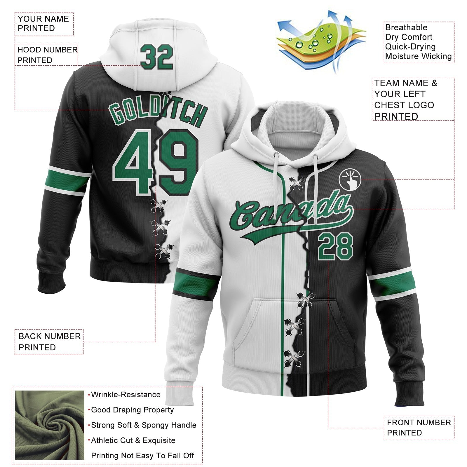 Custom Black Kelly Green-White Split Ripped Pattern Baseball Pullover Sweatshirt Hoodie photo 4