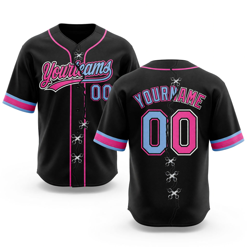 Custom Black Light Blue Pink-White Split Ripped Pattern Baseball Pullover Sweatshirt Hoodie
