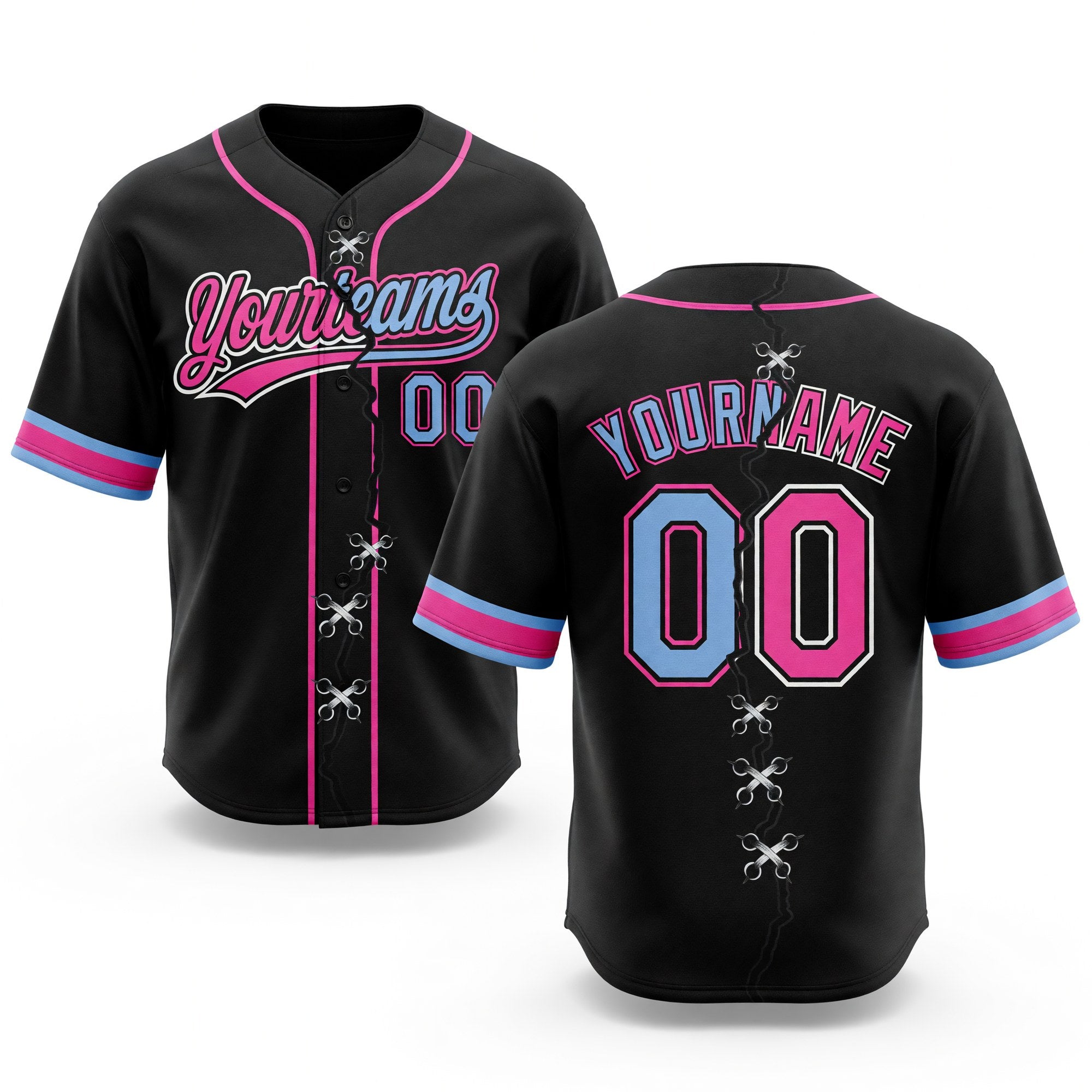 Custom Black Light Blue Pink-White Split Ripped Pattern Baseball Pullover Sweatshirt Hoodie